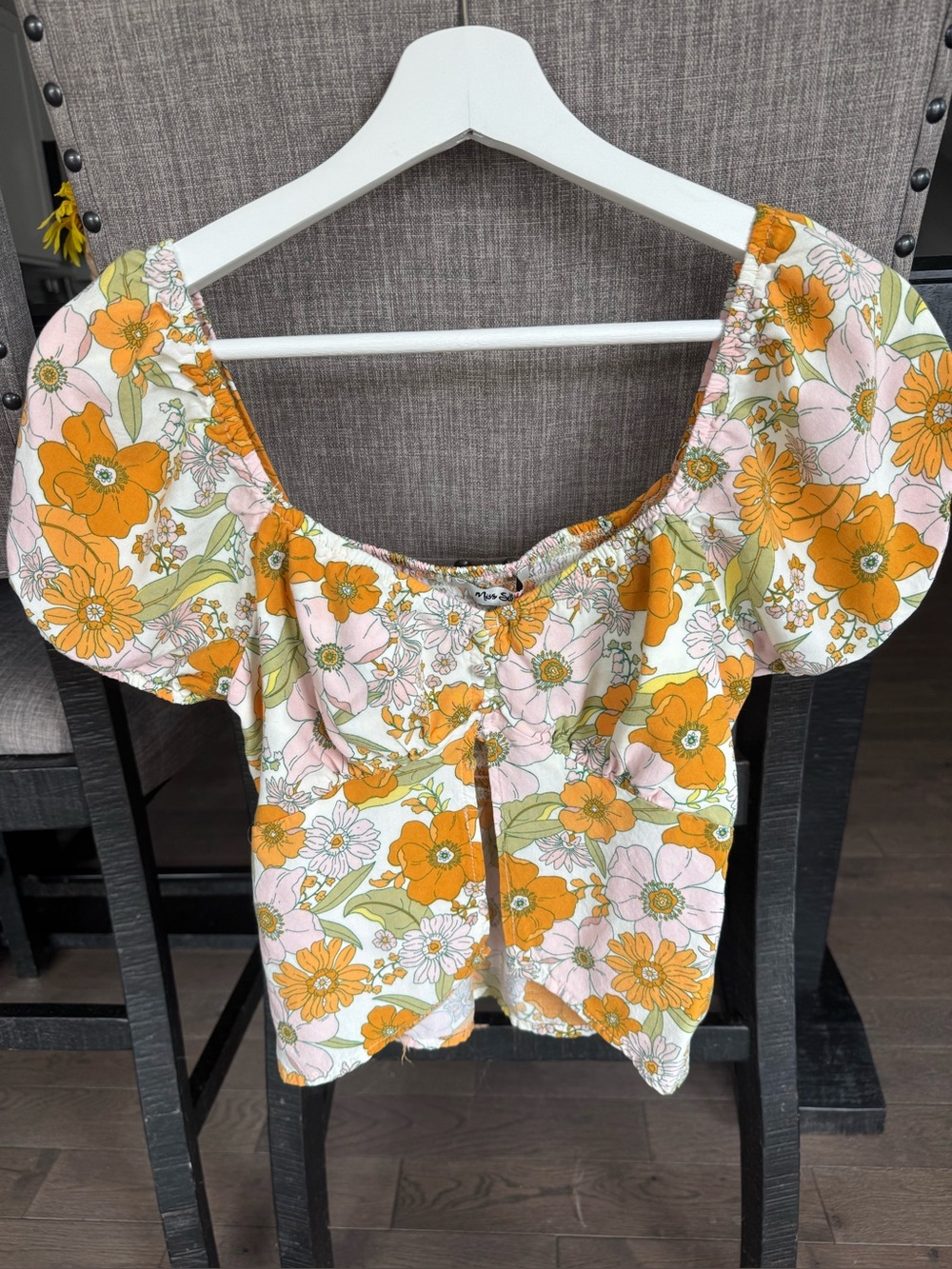 Floral Puff-Sleeve Crop Top - Orange & Pink